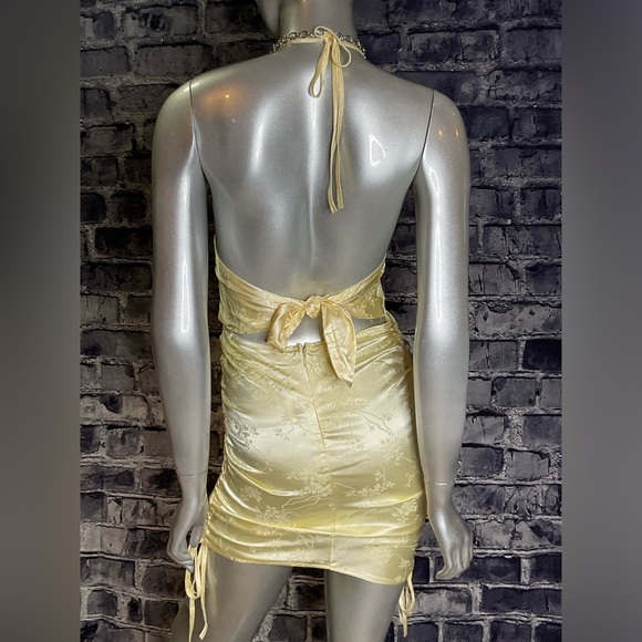 Yellow Satin Brocade Mini Bodycon Summer Dress - Picture 7 of 16